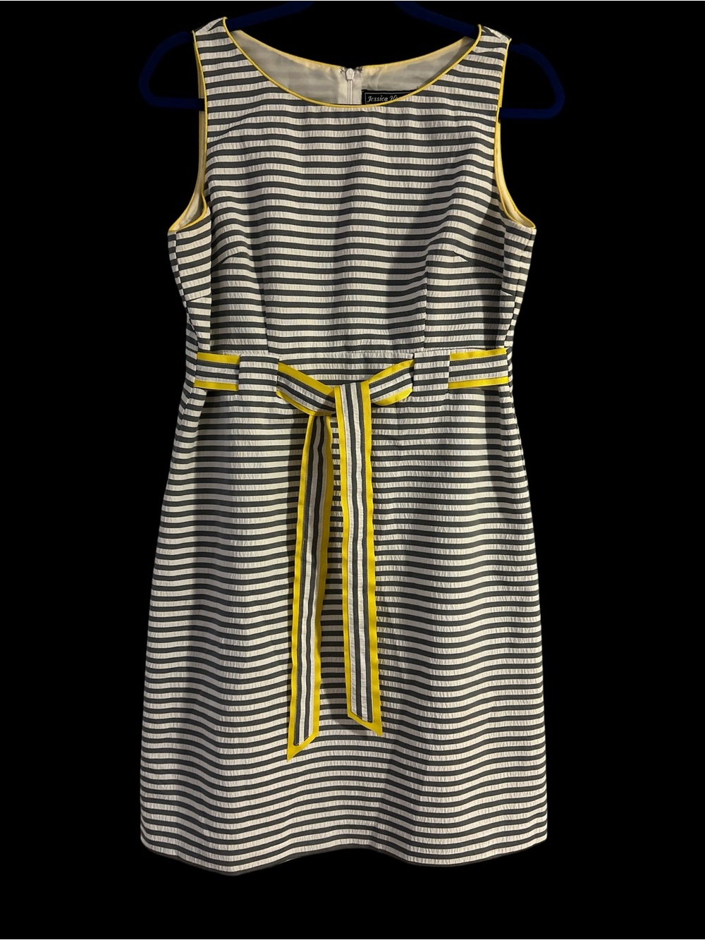 Jessica Howard Sleeveless Seersucker Striped Dress with Yellow Trim & Tie Belt